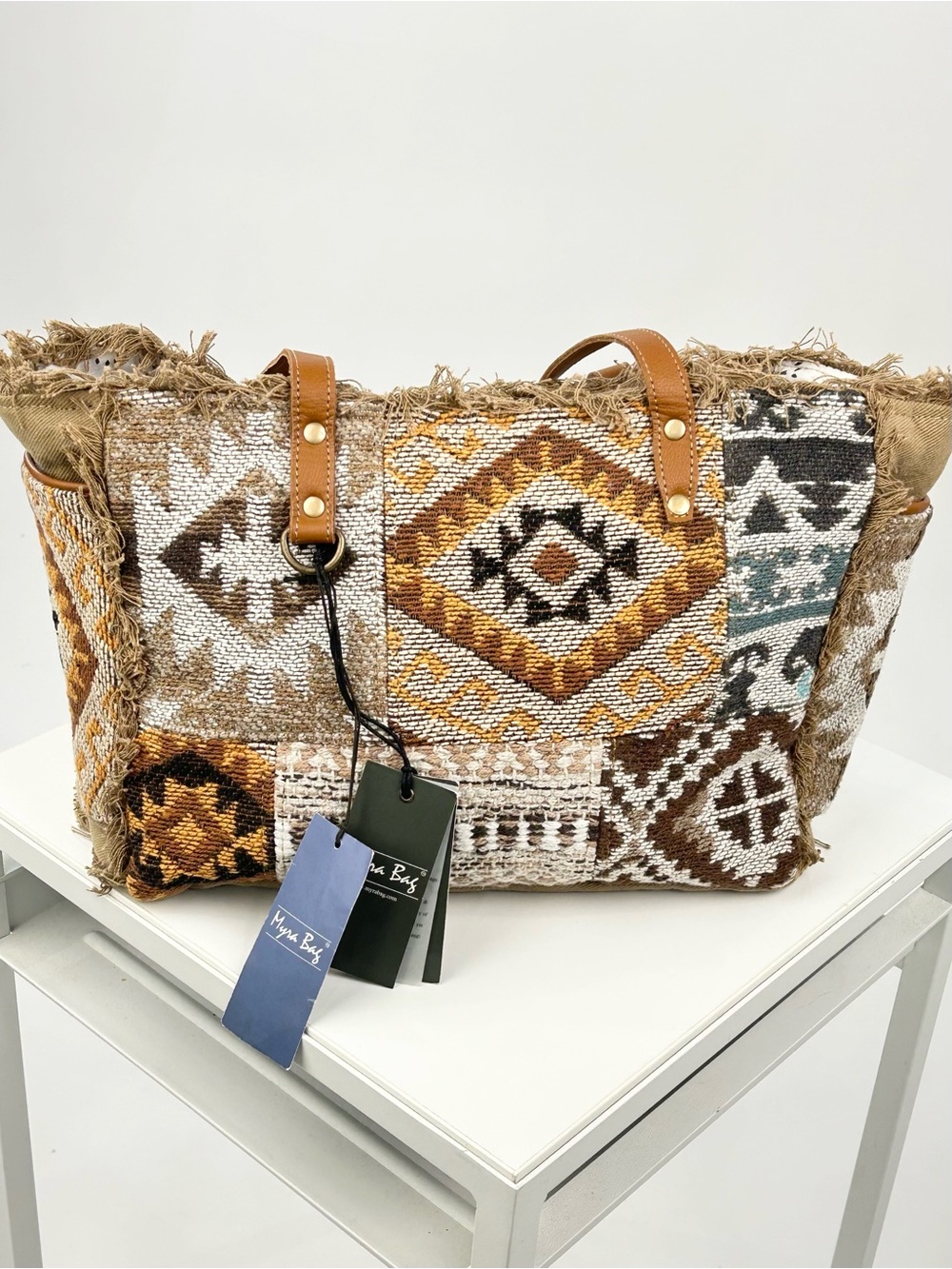 Myra Bag NWT Patchwork Tapestry Fringe Shoulder Tote Brown Tan Boho